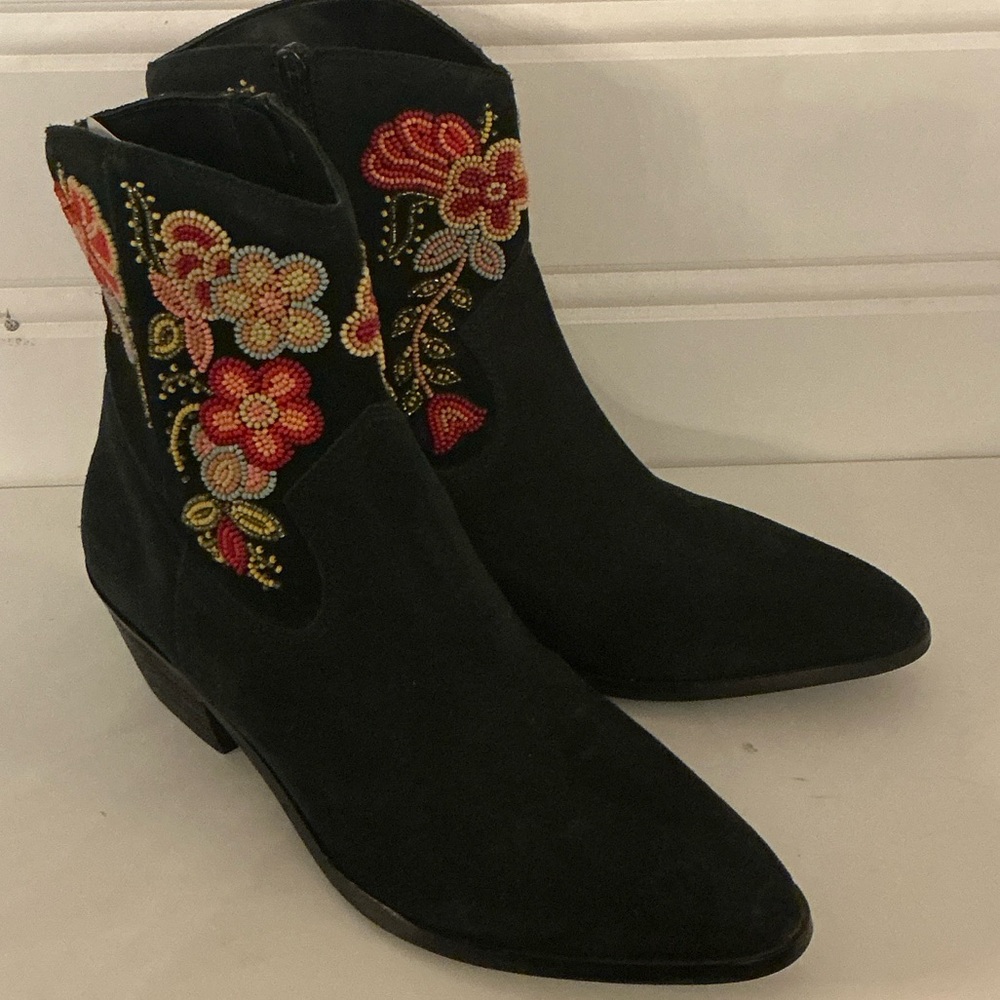 Anthropologie Black Ankle Booties with floral beading